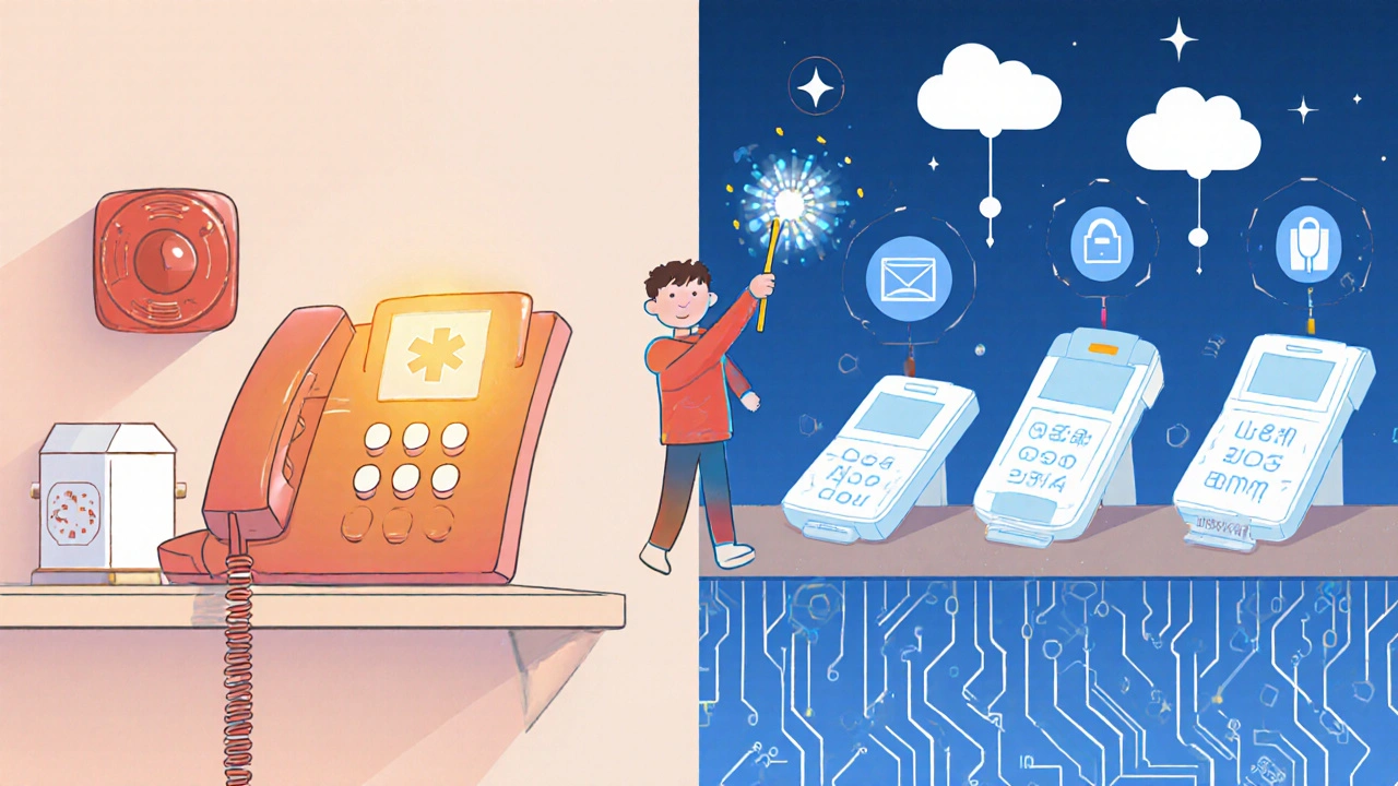 A bridge of cables linking traditional landline devices to modern VoIP phones, symbolizing a smooth transition between old and new technology.