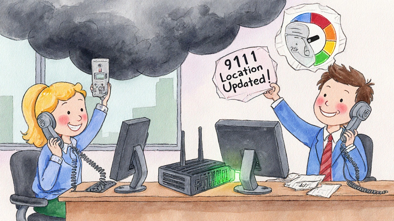 Office workers using analog phones with ATAs, a glowing UPS backup protecting their equipment during a power outage.