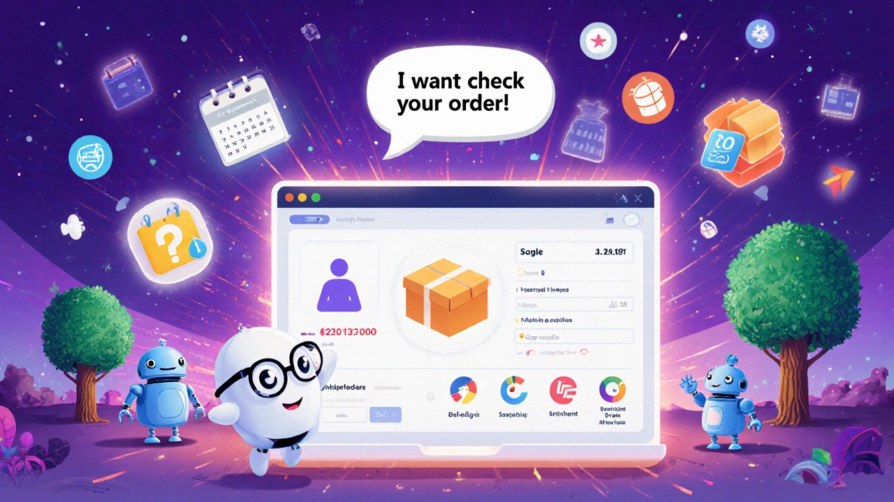 A friendly AI assistant reading a customer&#039;s voice request and displaying a tracking number on a glowing screen.