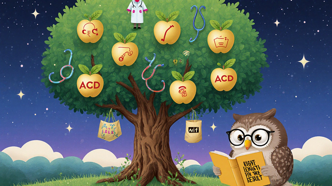 A magical tree with industry-themed branches and golden apples labeled &#039;ACD,&#039; watched by a wise owl.