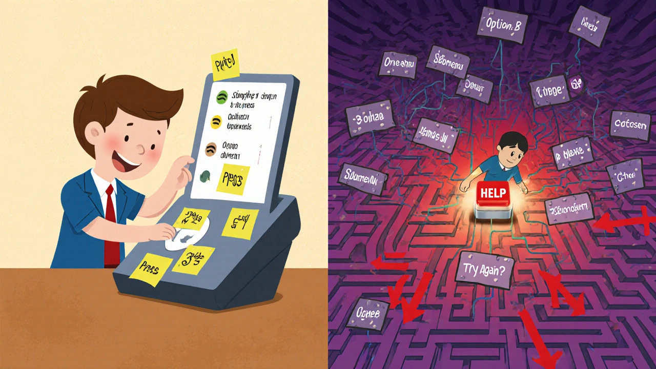 A split scene: simple phone setup on one side, a confusing maze of menu options on the other.