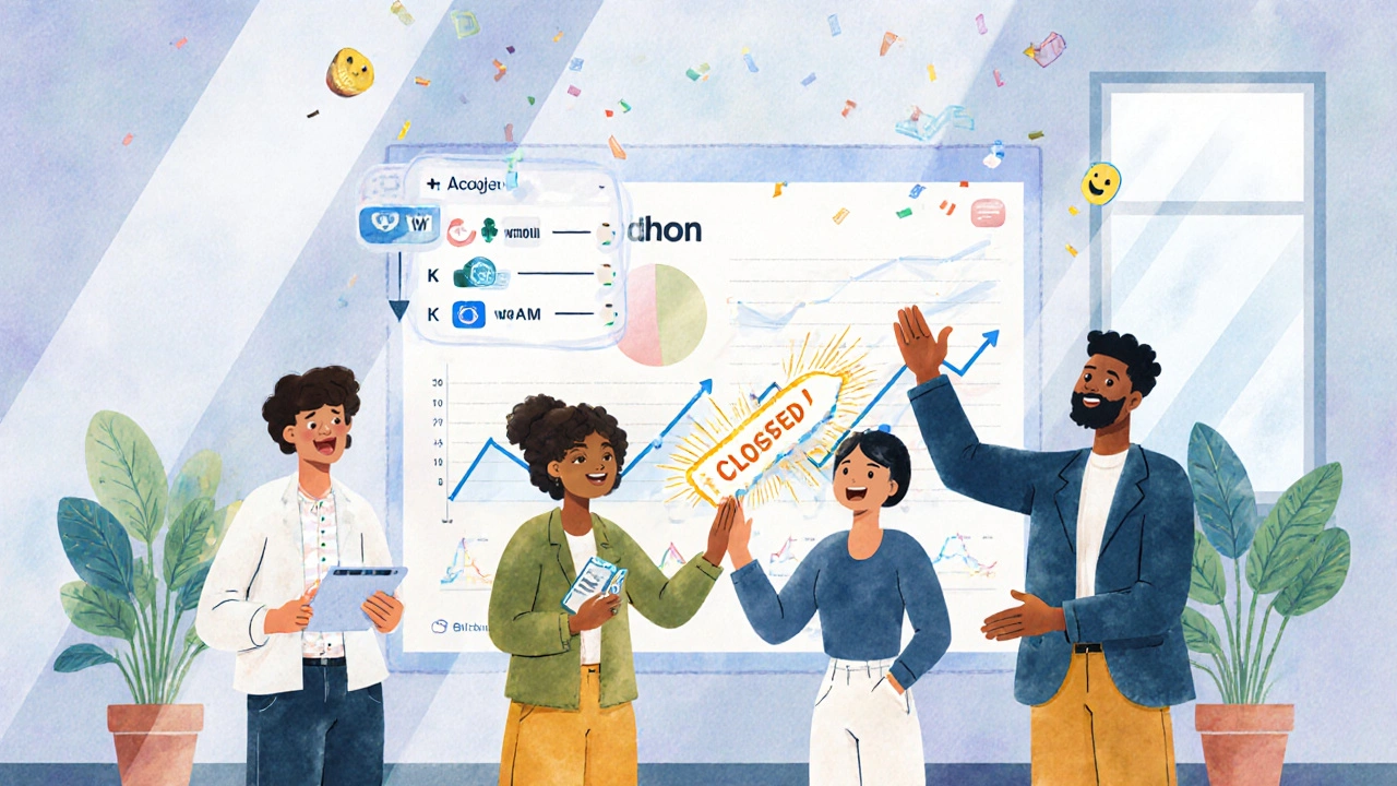 Agents celebrate a &#039;Closed-Won&#039; tag with a glowing dashboard and rising graphs in the background.