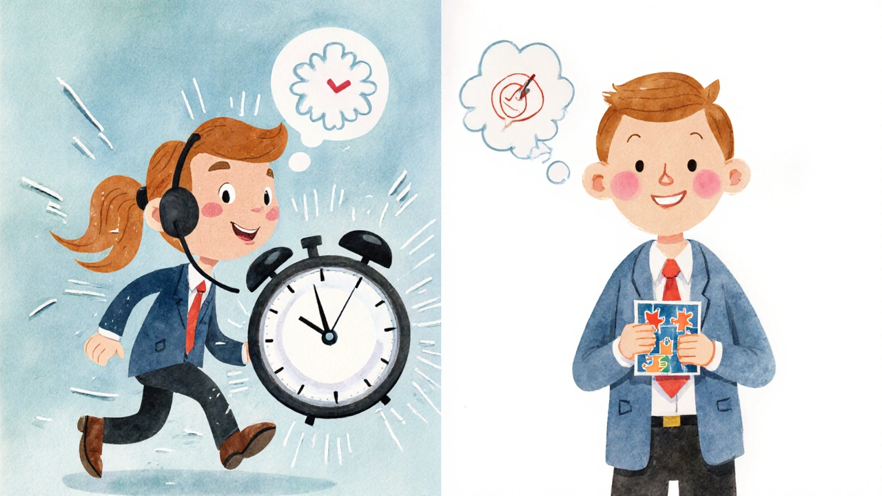 Two scenes show a rushed call vs. a calm, helpful conversation with a happy customer.