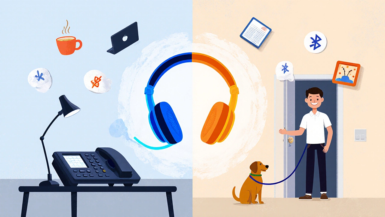 A hybrid headset connects both a desk phone and smartphone, with icons of work devices floating around a smiling employee in a home office.