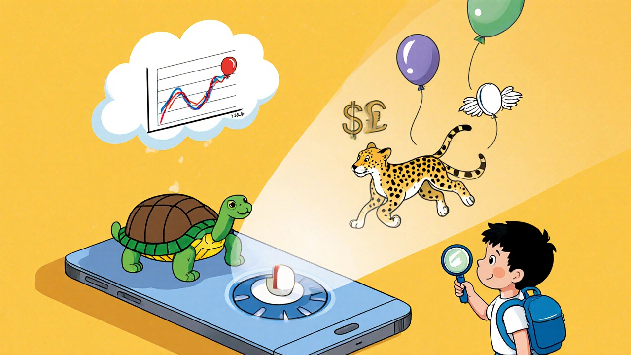 A magical phone dial changing from a slow turtle to a zooming cheetah while bandwidth balloons rise and fall.