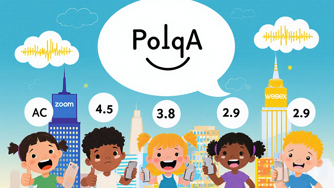 Children with floating MOS scores above their heads, a giant POLQA bubble rising in the sky.