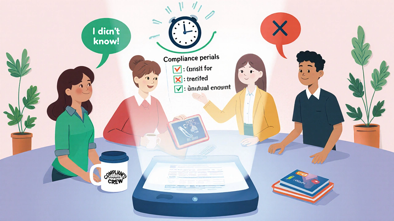 Employees gathered around a tablet displaying animated rules about consent, encryption, and data retention.