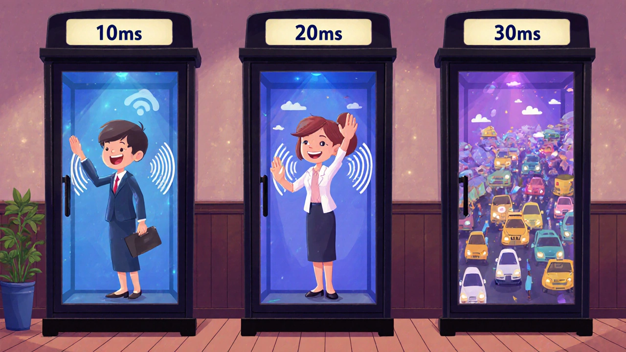 Three phone booths labeled 10ms, 20ms, and 30ms with different sound flow patterns in a cozy office.
