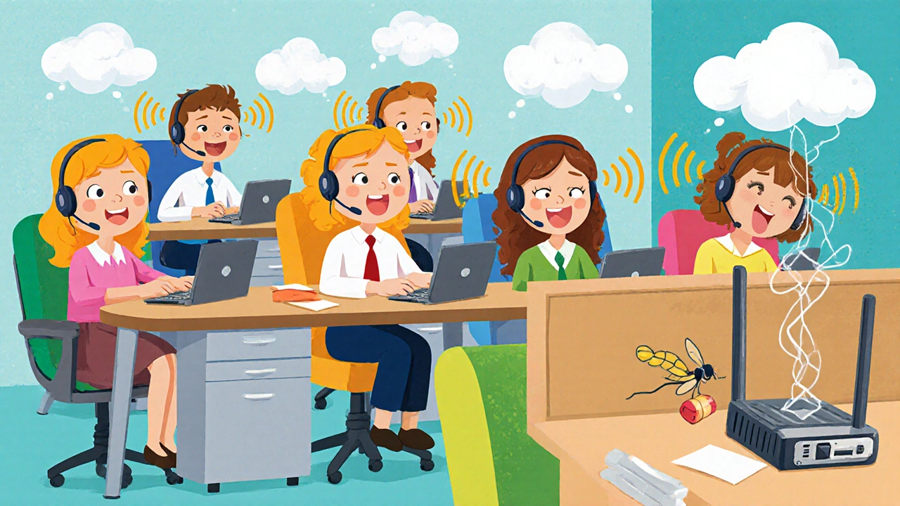 Twenty agents in a call center use reliable DECT headsets with steady signals, while one Bluetooth headset flickers and fails nearby.