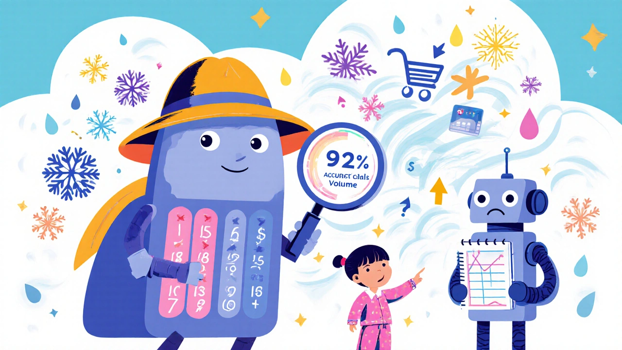 A detective calculator examines magical numbers, weather icons, and shopping carts rising into call volume spikes, with a child pointing at an accurate graph.