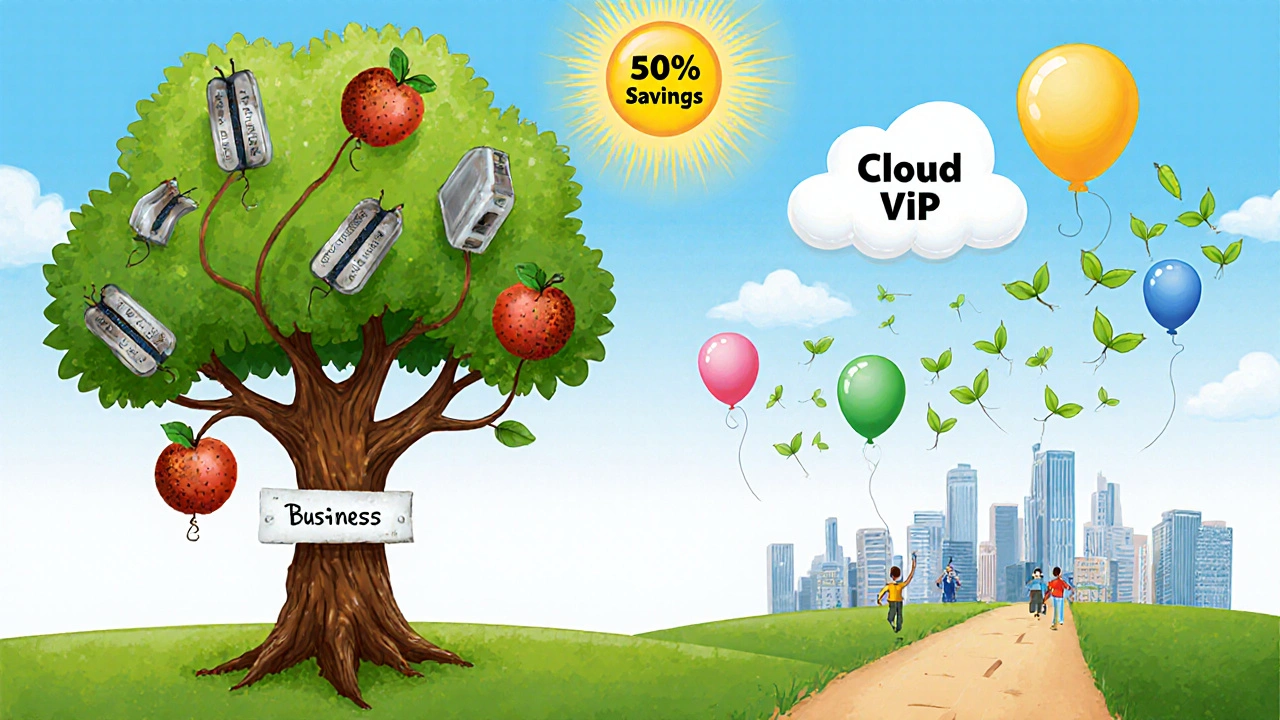 A growing business tree with falling heavy hardware on one side and floating cloud balloons on the other, symbolizing scalability.