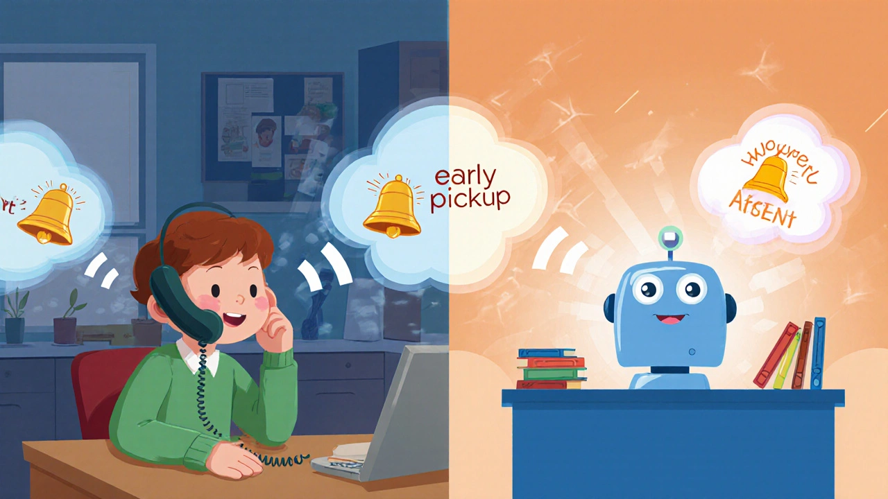 A parent calls the school hotline at dawn while a friendly robot routes the call using keyword magic.