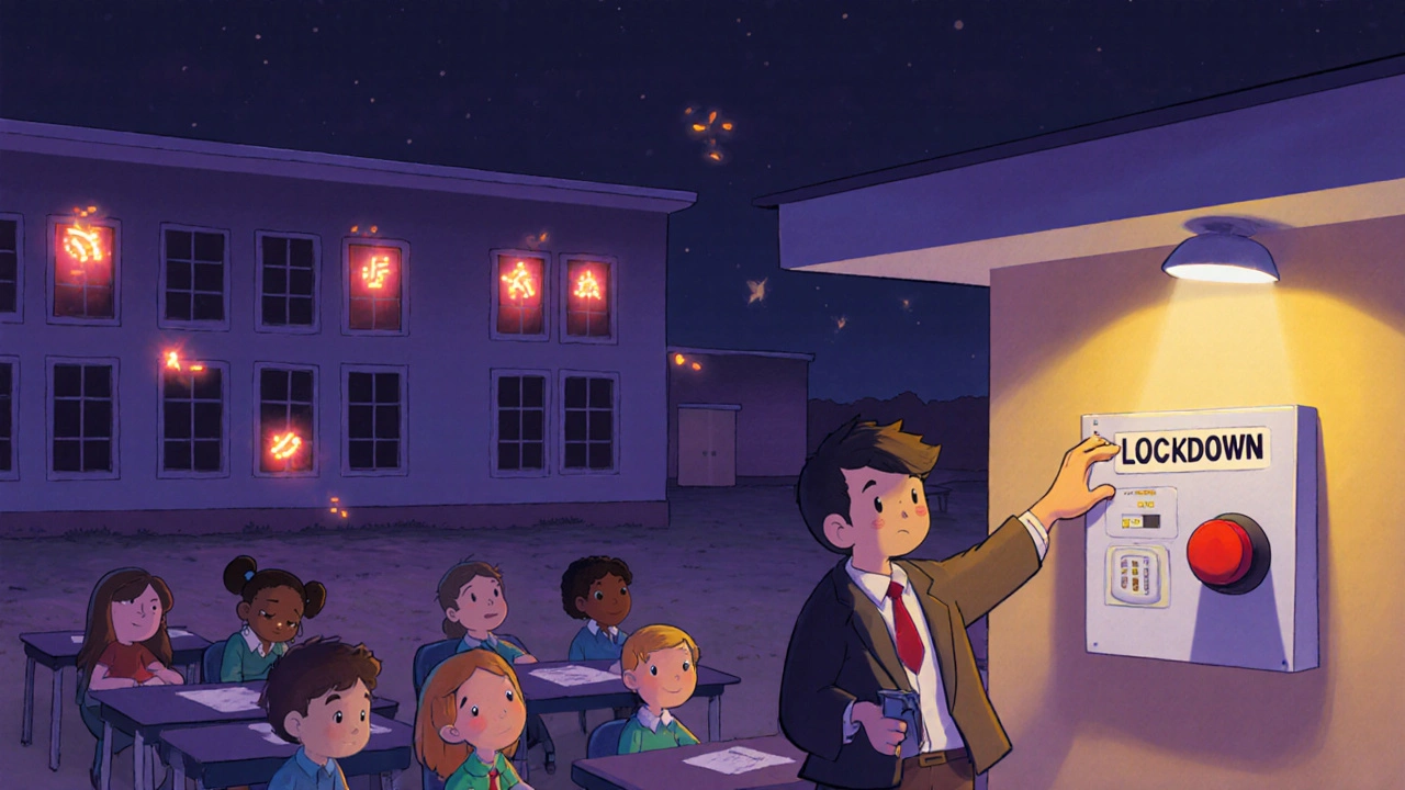 A principal triggers a lockdown alert with one button, and glowing lights flash safely in every classroom.