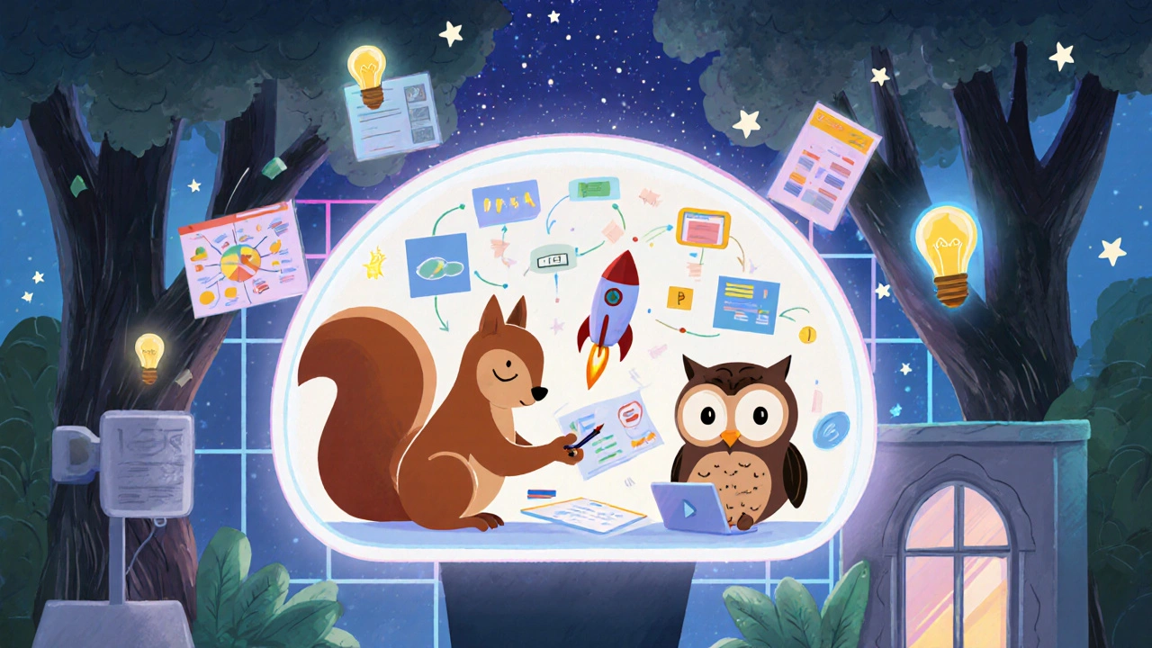 A squirrel and owl collaborating on a magical digital canvas filled with templates and transforming notes in a treehouse meeting.