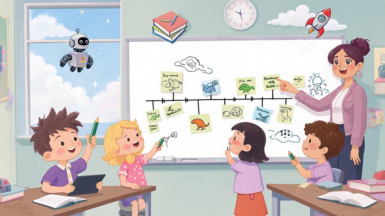 A teacher and students adding drawings to a big digital whiteboard in a classroom, with a saving robot hovering nearby.