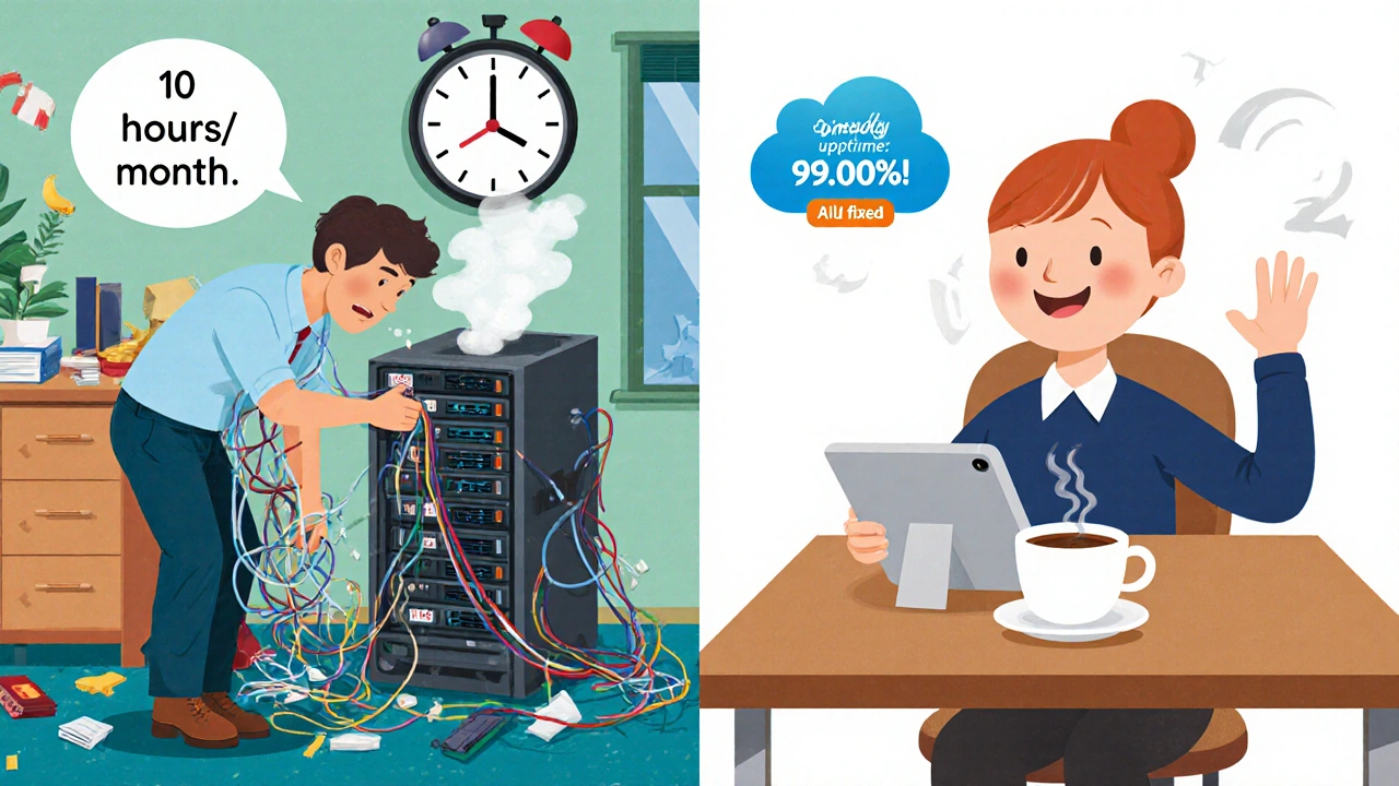 An IT worker struggling with wires versus a calm employee using a tablet with a friendly robot helping fix phone issues.