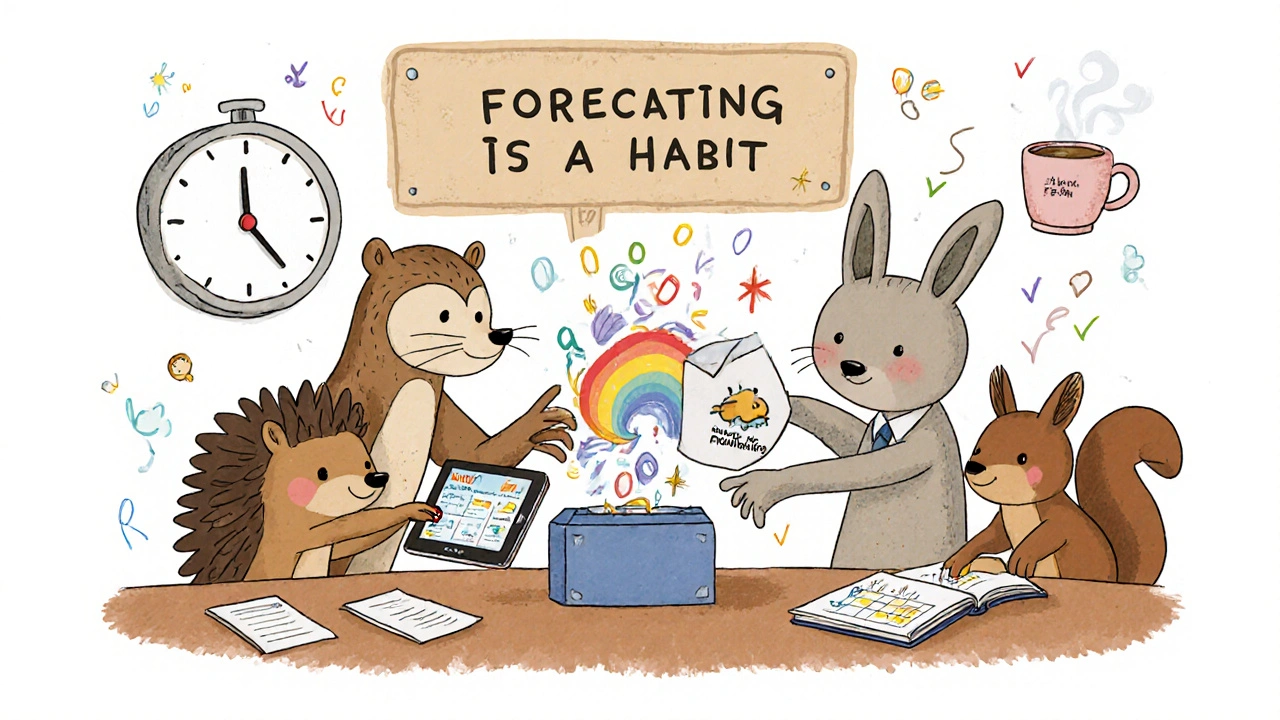 Animal agents manage calls with shrinkage dial, weather alerts, and a viral TikTok letter, while a sign says &#039;Forecasting Is a Habit&#039; and tea steams nearby.