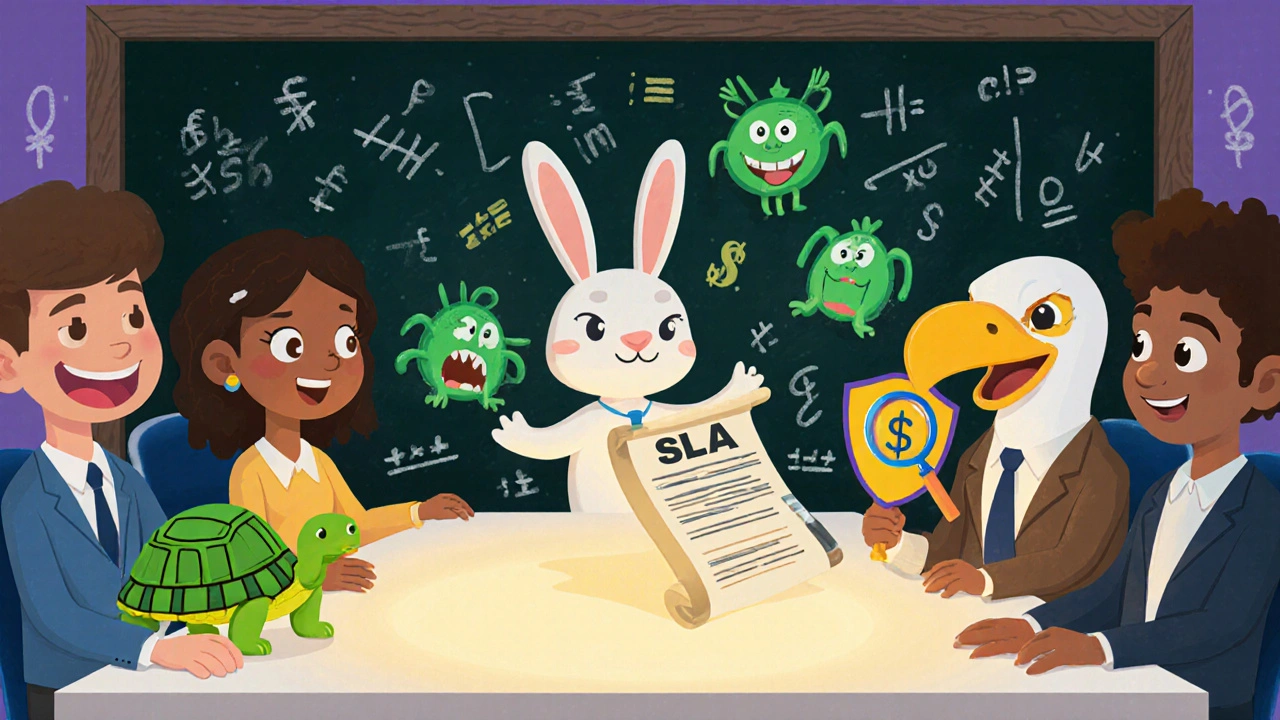 Three pricing models as cartoon characters—turtle, rabbit, and eagle—compete on a glowing table with fee monsters being chased away.