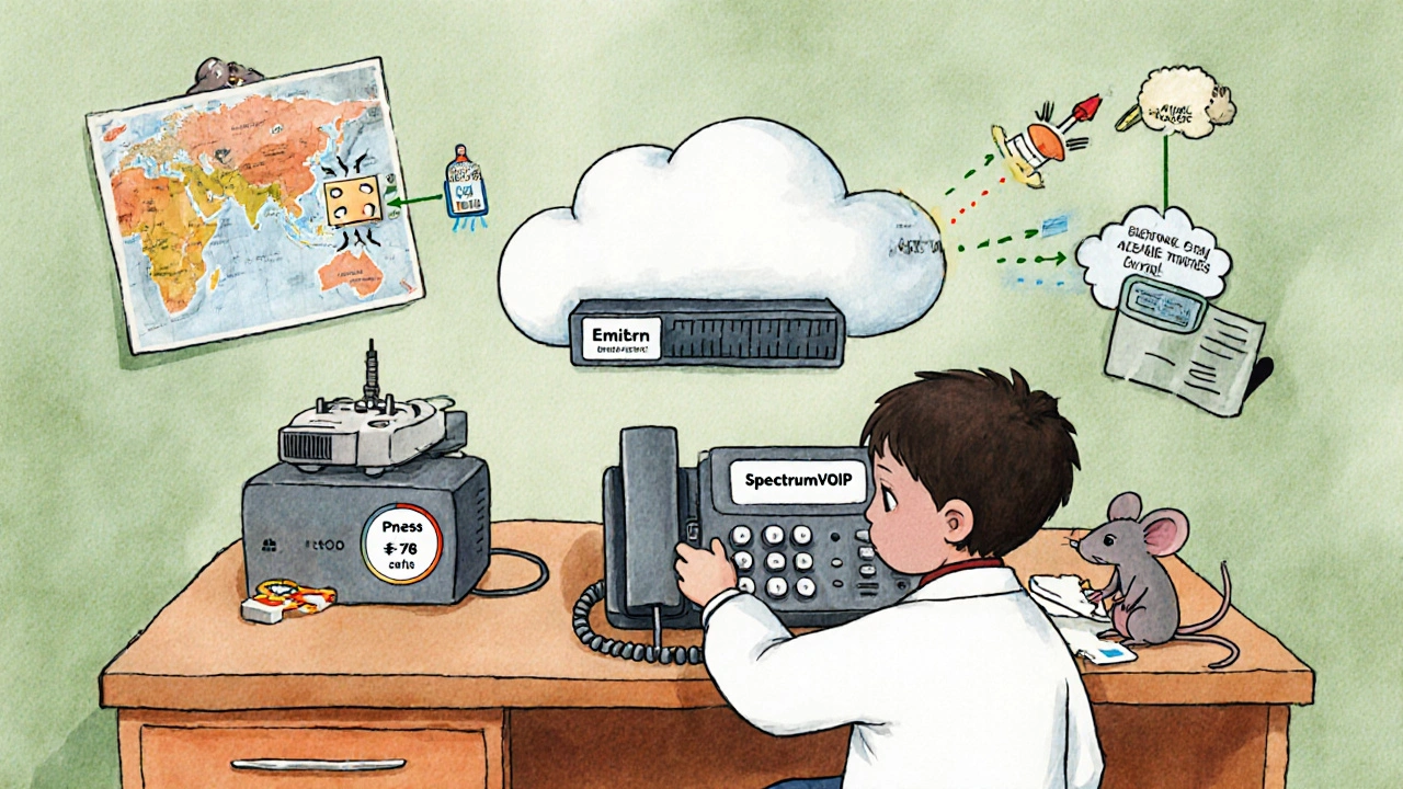 Three VoIP systems on a desk with a child adjusting a codec dial and a silent tape.