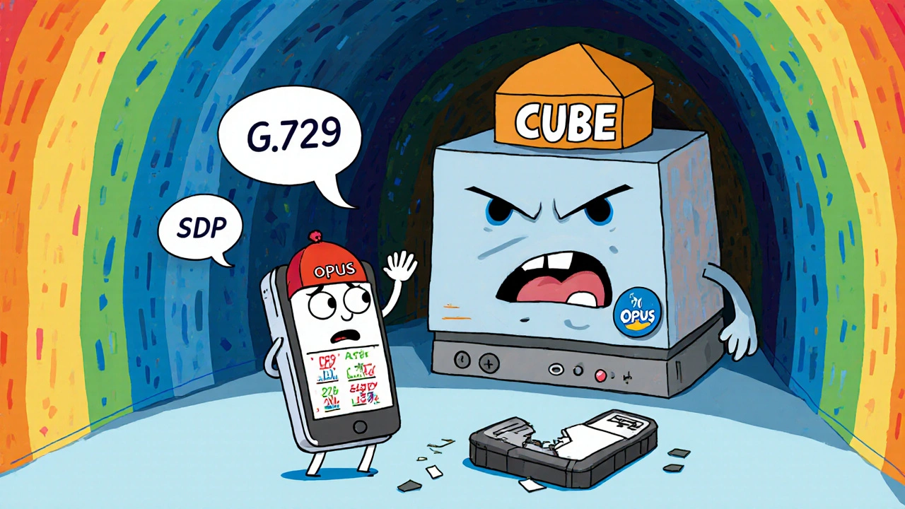 A bossy router forcing a phone to use an outdated codec while another phone looks sad.