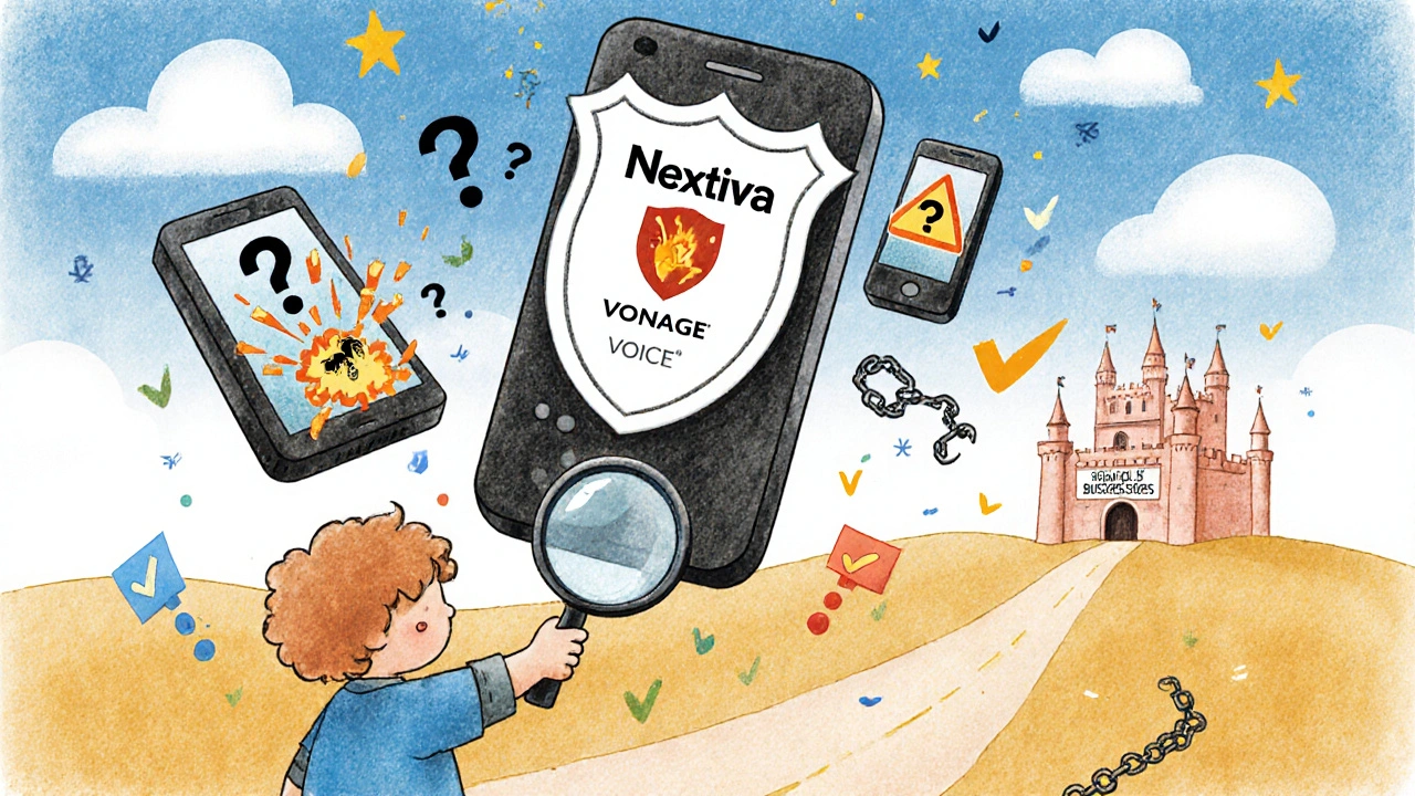 A child examining a friendly VoIP phone with a shield, while other phones have warning signs nearby in a whimsical scene.