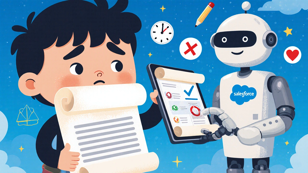 A child with a giant phone is helped by a robot agent who shows their history on a glowing tablet.