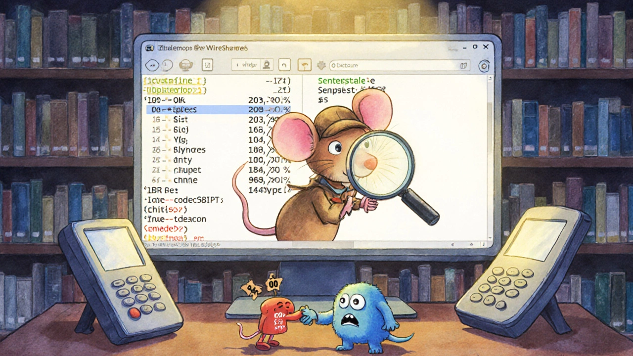A detective mouse examining SIP messages with a magnifying glass near two shaking phones.