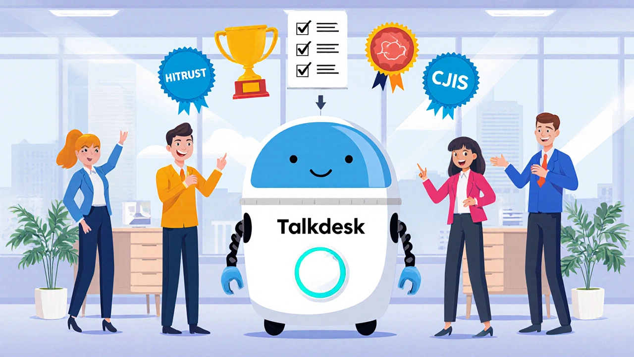 A friendly small robot named Talkdesk with compliance badges in a bright, cheerful office.