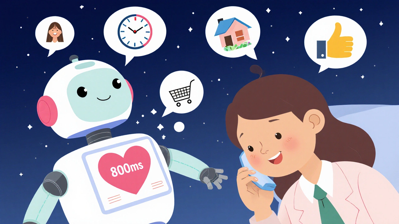 A gentle robot whispers suggestions to an agent while a CTI pop-up shows customer info in soft pastel tones.