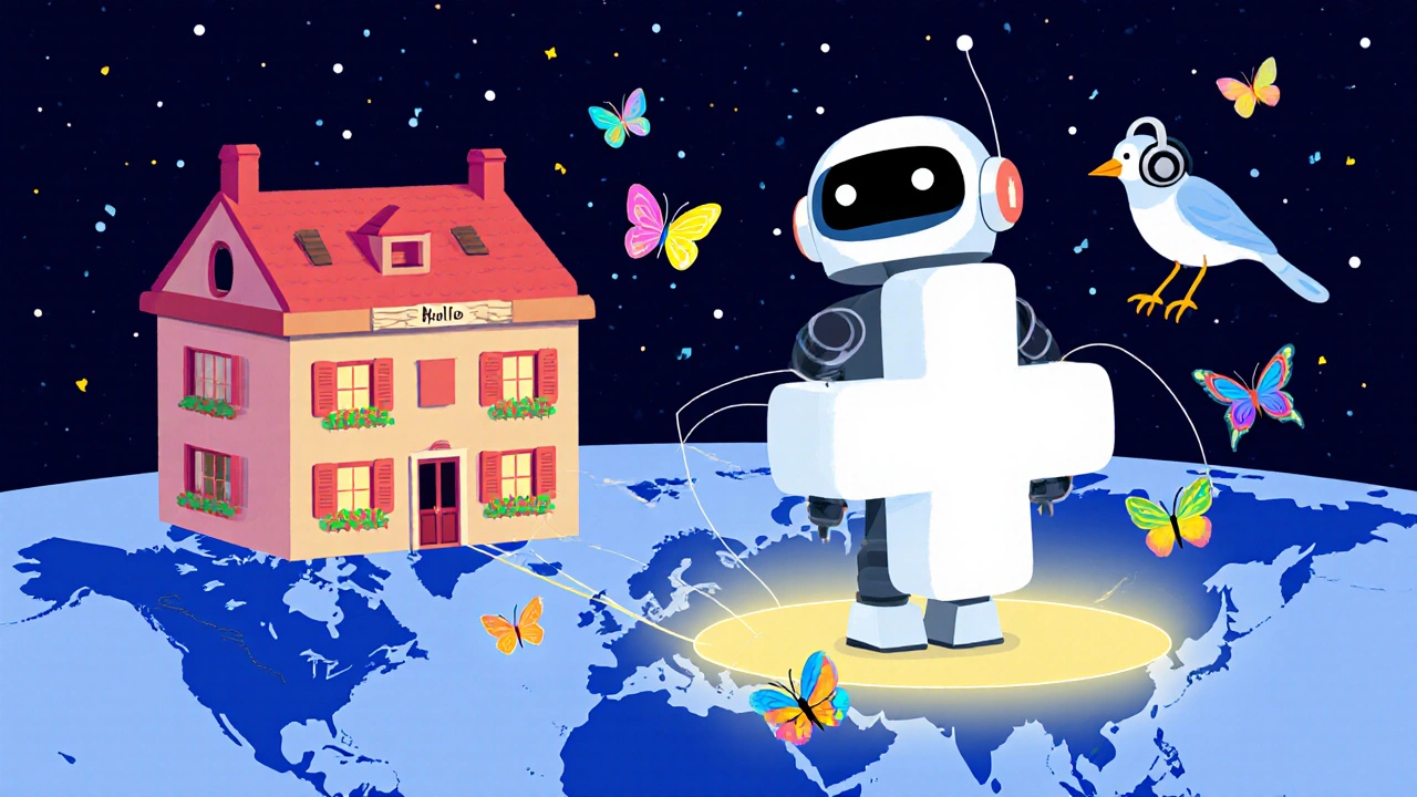 A robot connecting New York to Berlin with a plus-sign phone line, while eSIM butterflies flutter around a glowing world map.