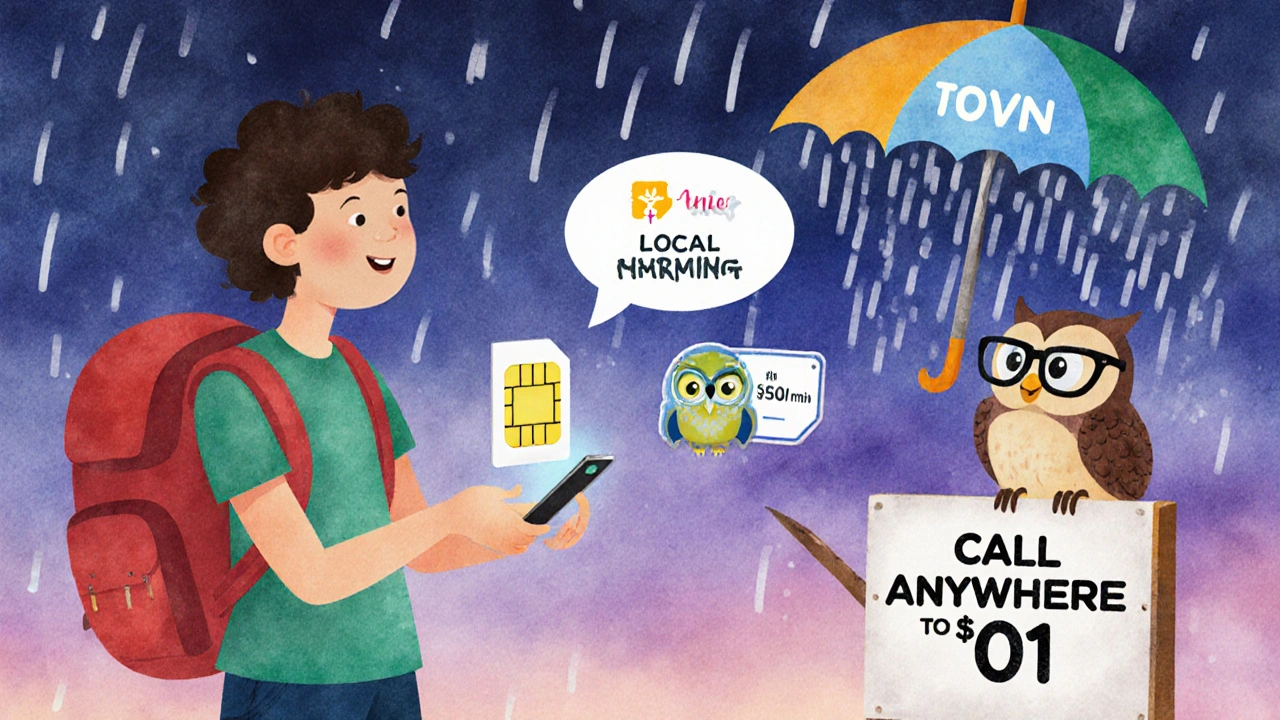 A traveler packing a backpack with magical eSIM, VoIP app, and local number badge, shielded from roaming charges by a VPN umbrella.