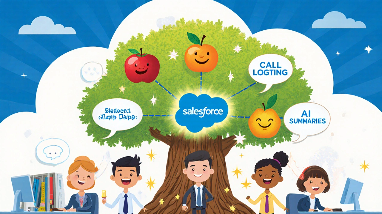 Cheerful agents in a bright office connected by sparkly lines to a giant Salesforce tree with labeled roots.