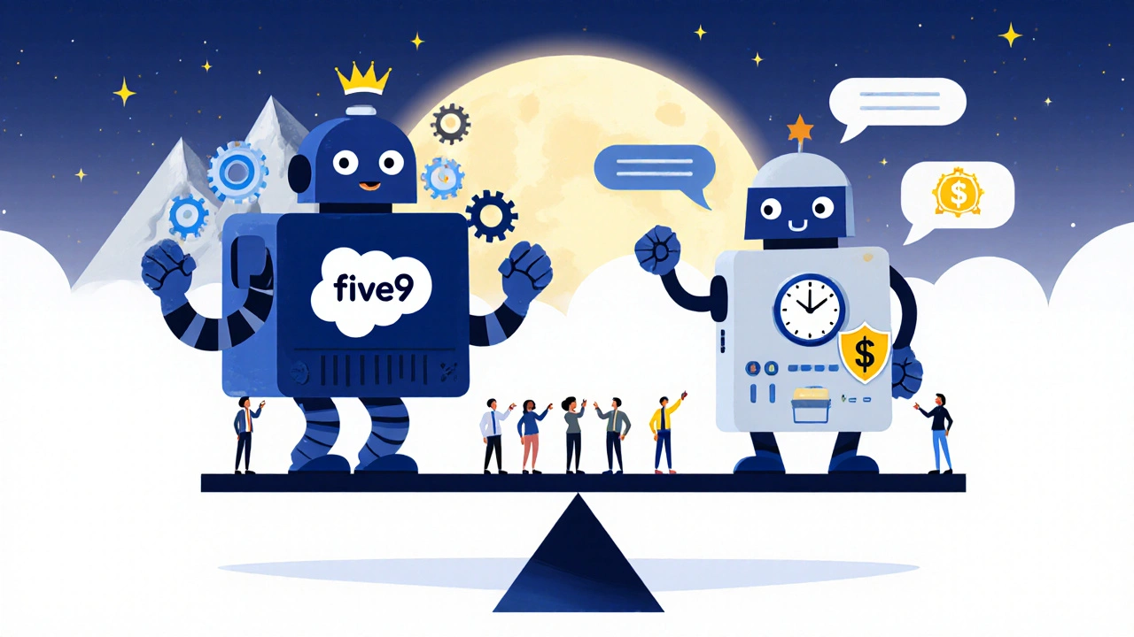 Two robots on a seesaw representing Five9 and Talkdesk, with team members watching.