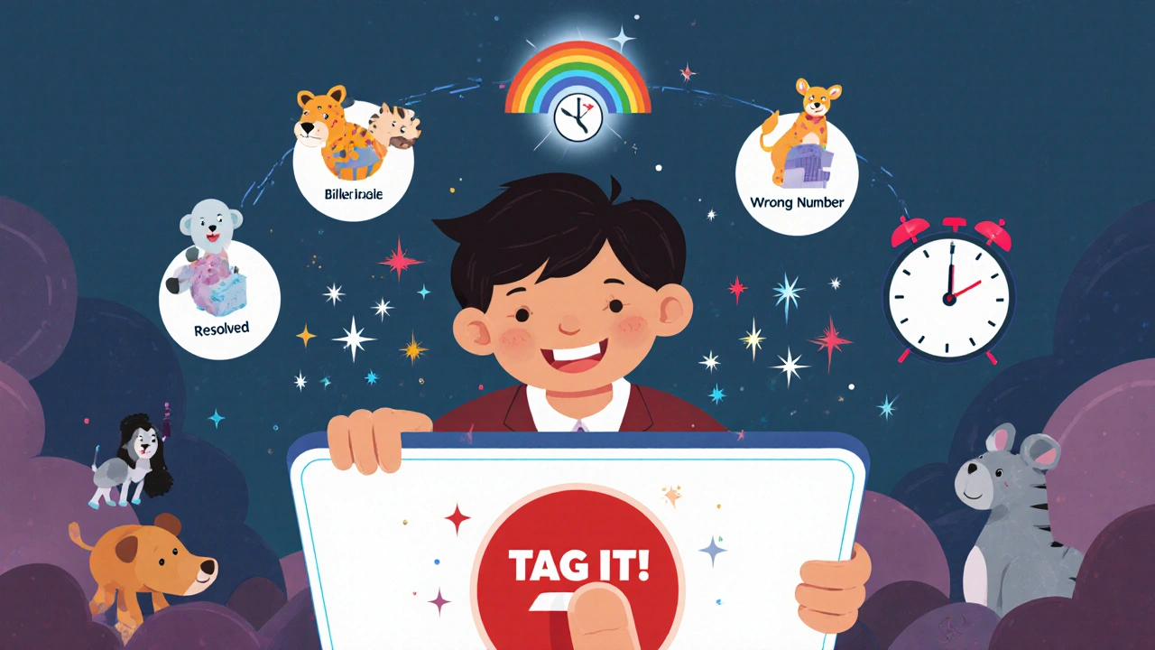 A child agent clicking a big button to tag a call, with friendly icon animals representing call outcomes floating above.