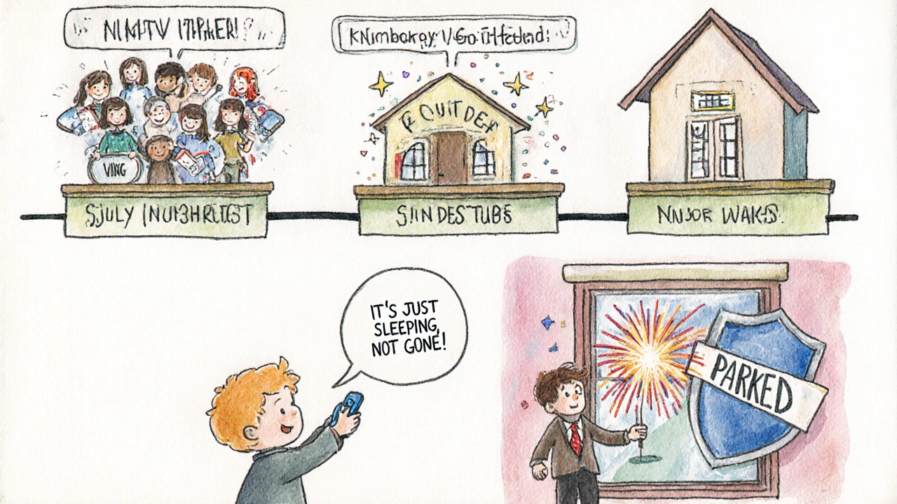 A child places a phone number on a shelf with a timeline showing it sleeping and waking up again.