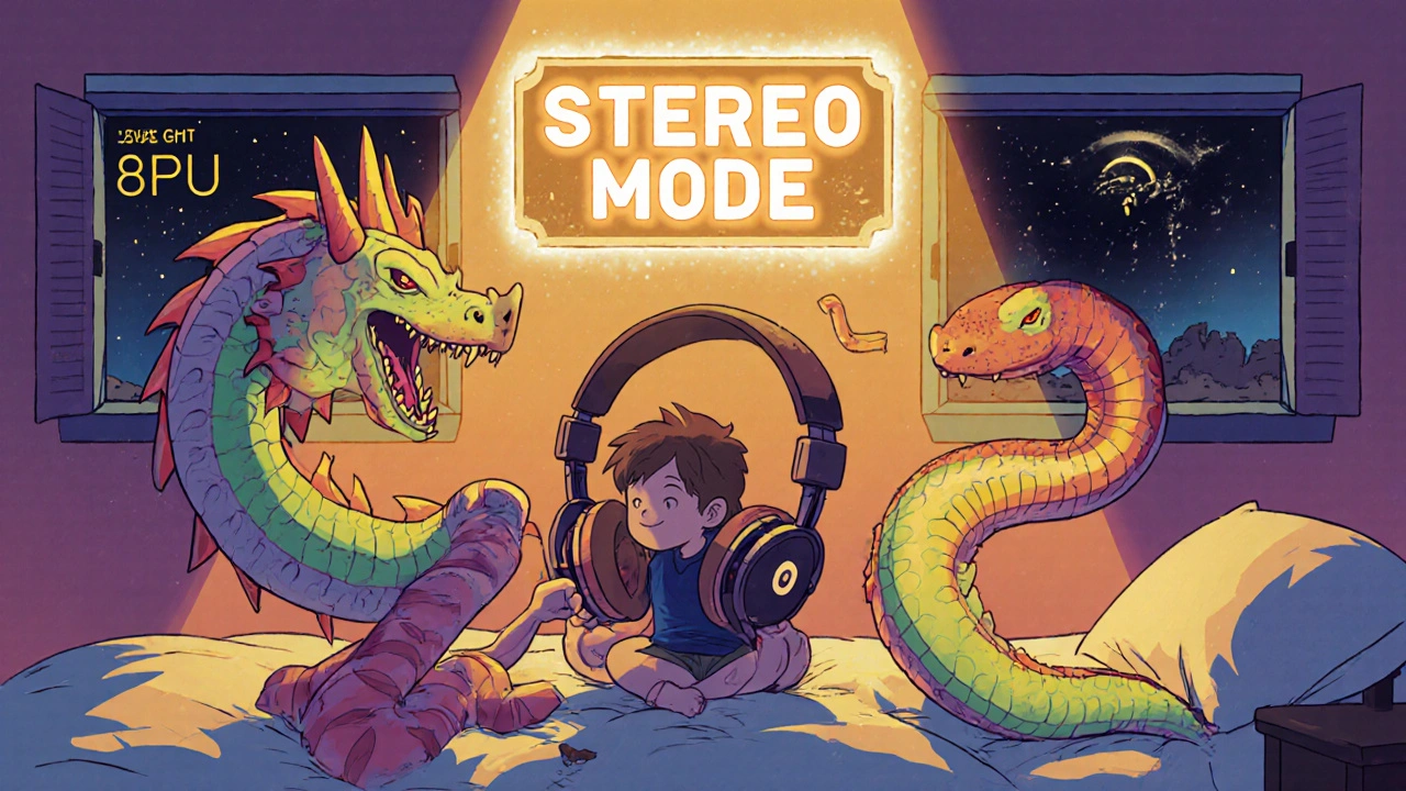 A gaming headset dragon being calmed into a simple stereo snake with a &#039;STEREO MODE&#039; sign.