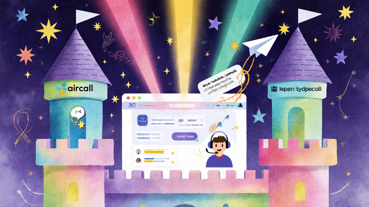 A magical Slack castle with three calling towers sending light beams into a chat window.