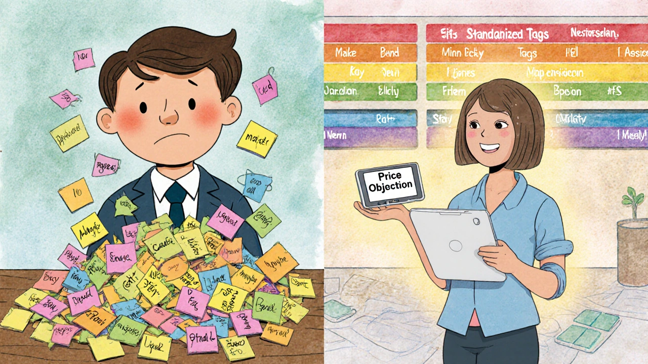 A manager surrounded by messy tags vs. a neat rainbow shelf of standardized call tags, with a helpful AI assistant.