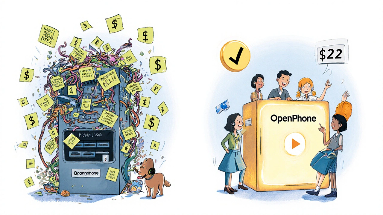 A messy, fee-filled phone system contrasts with a clean, flat-rate system labeled OpenPhone, shown in a childlike diorama.