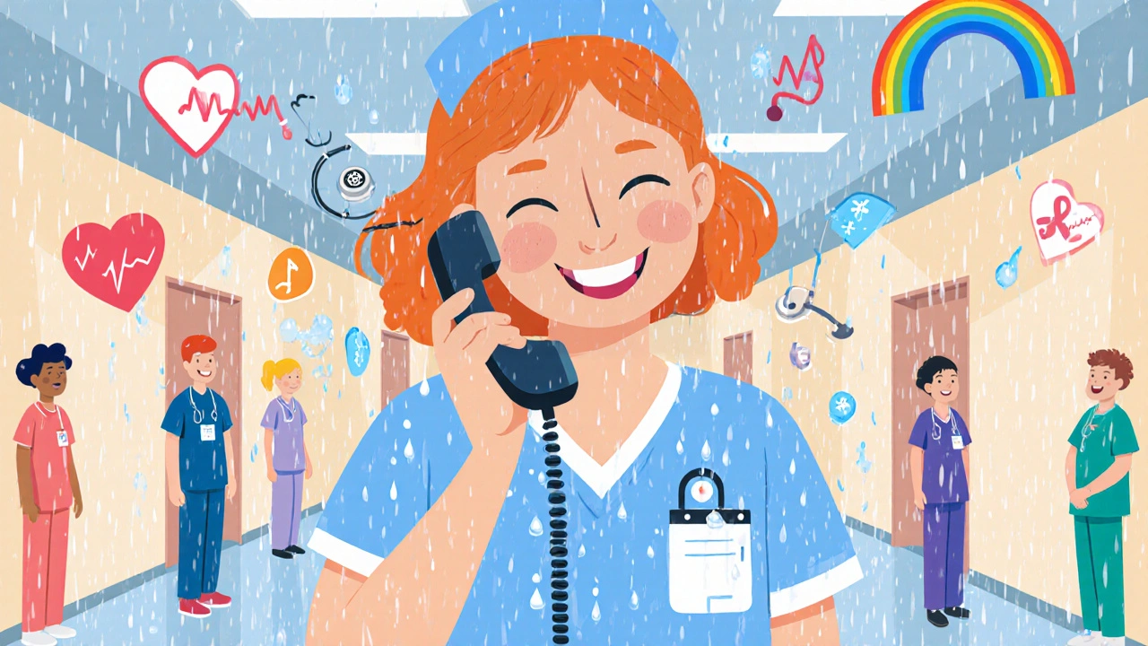 A nurse talks on a waterproof VoIP phone in a hospital hallway, water droplets sparkle like rainbows.