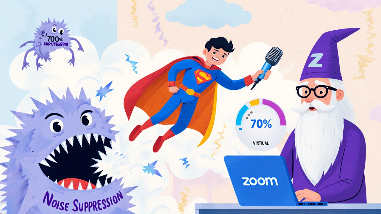 A superhero microphone fighting glitch monsters while a wizard lowers noise suppression.