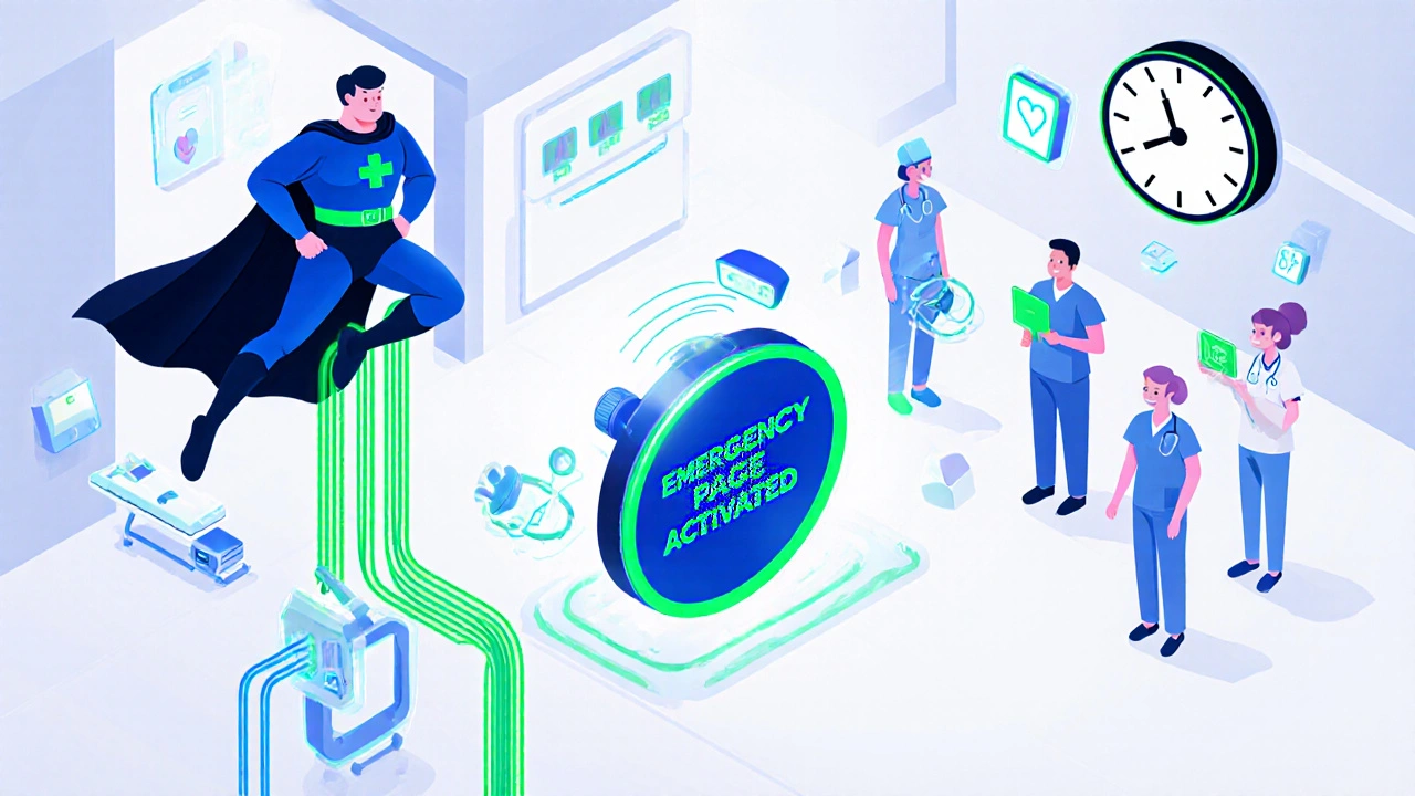 A superhero SIP adapter connecting to hospital speakers with glowing audio waves.