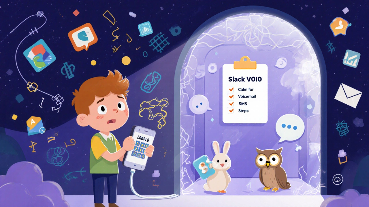 A team finds calm in Slack VoIP as chaotic apps turn into friendly animals delivering messages.