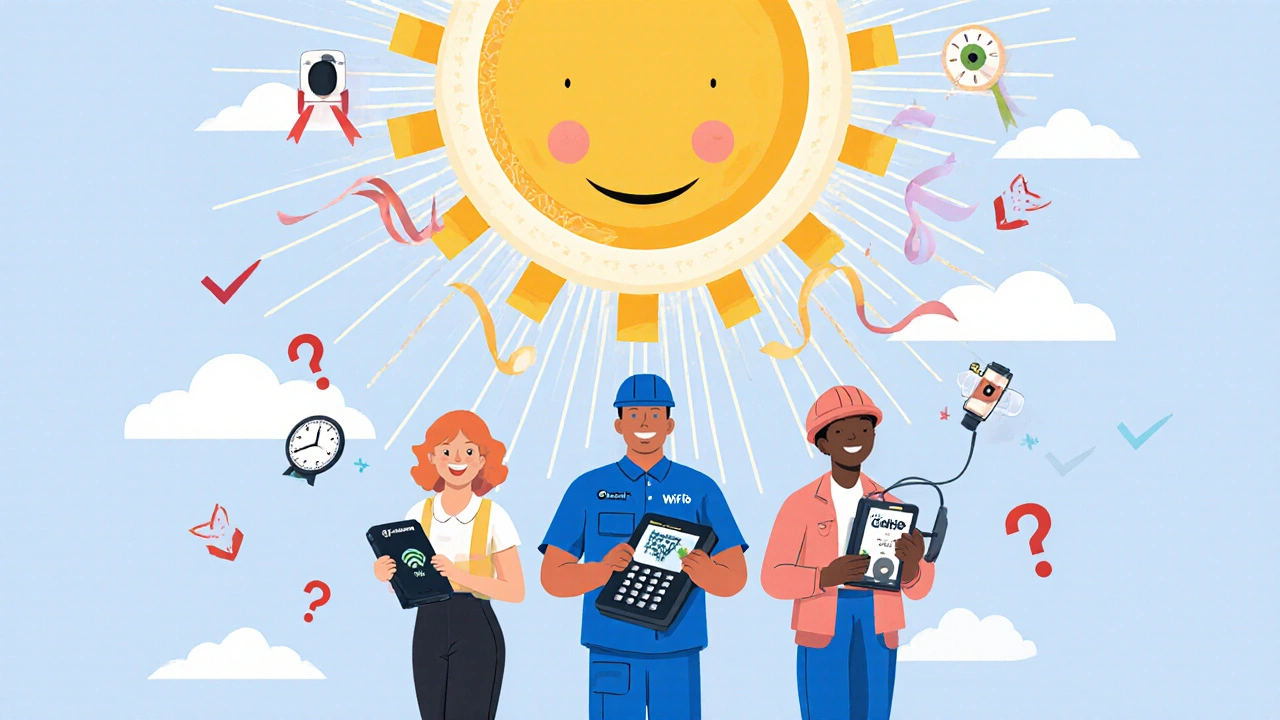 A team of workers holds different Wi-Fi 6 phones under a glowing access point shaped like a sun.