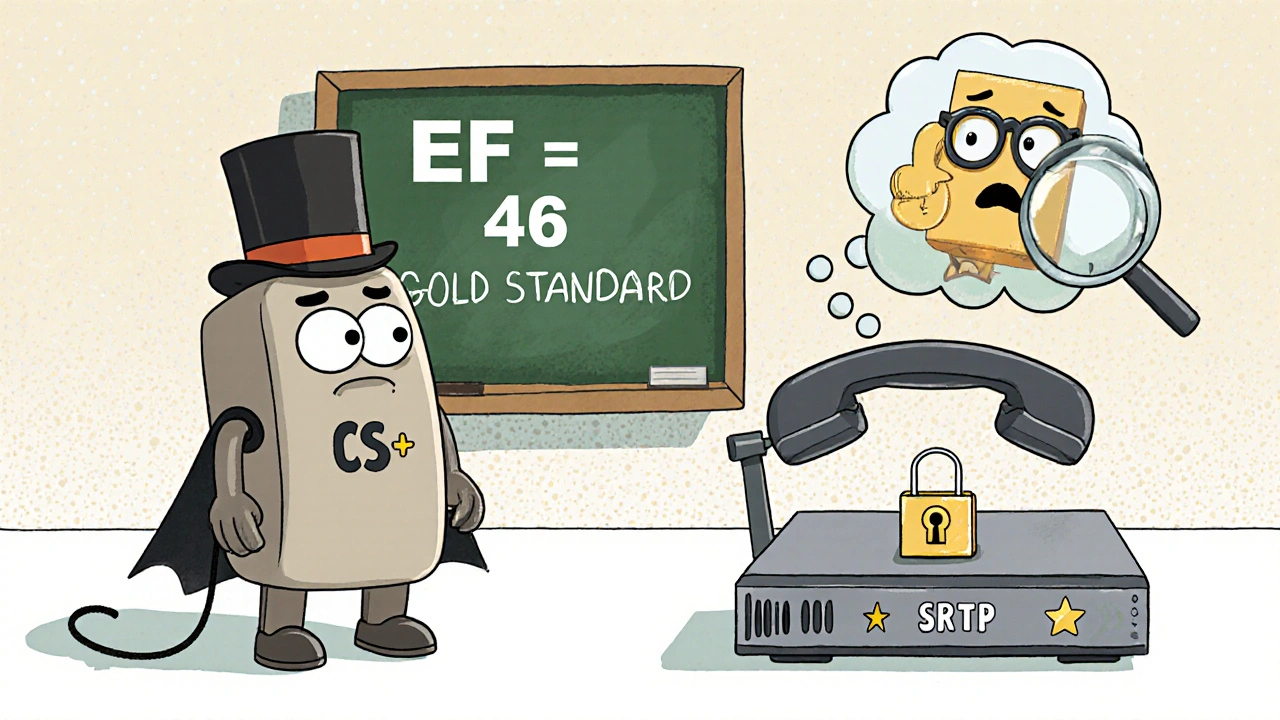 A vintage CS5 phone looks sad next to a modern EF phone with a cape, while a router examines a locked packet.