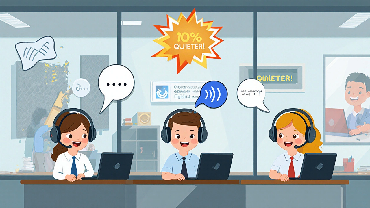 Cartoon agents in a call center with uneven sound bubbles, while acoustic panels reduce noise behind them.