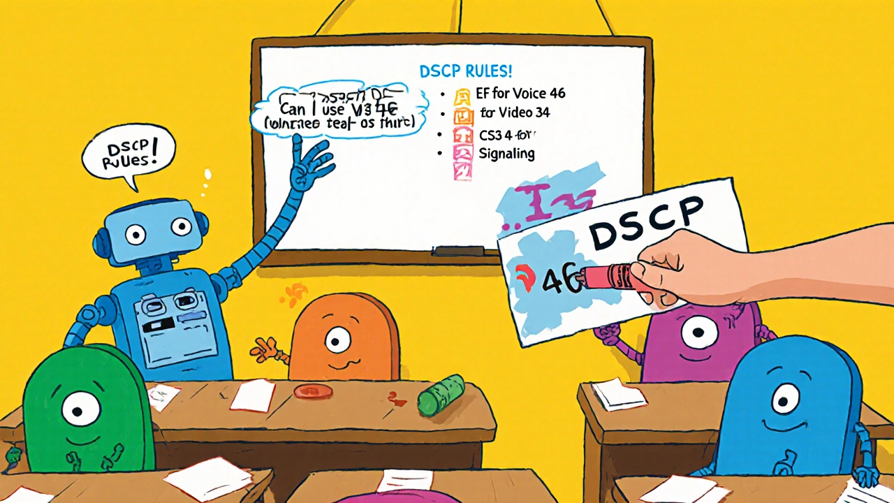 Colorful packets in a classroom learn DSCP rules, with a teacher robot correcting a packet trying to misuse EF.