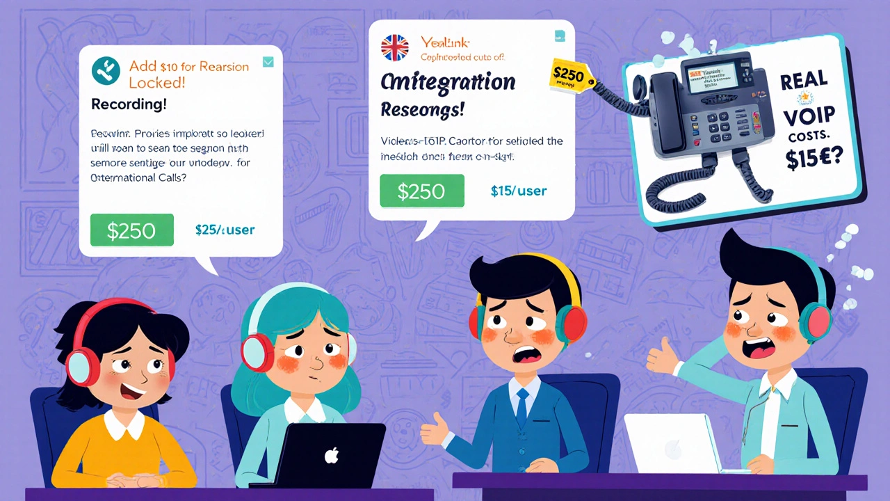 Employees frustrated by pop-up fees on their VoIP system, surrounded by confusing price tags and low-quality headphones.