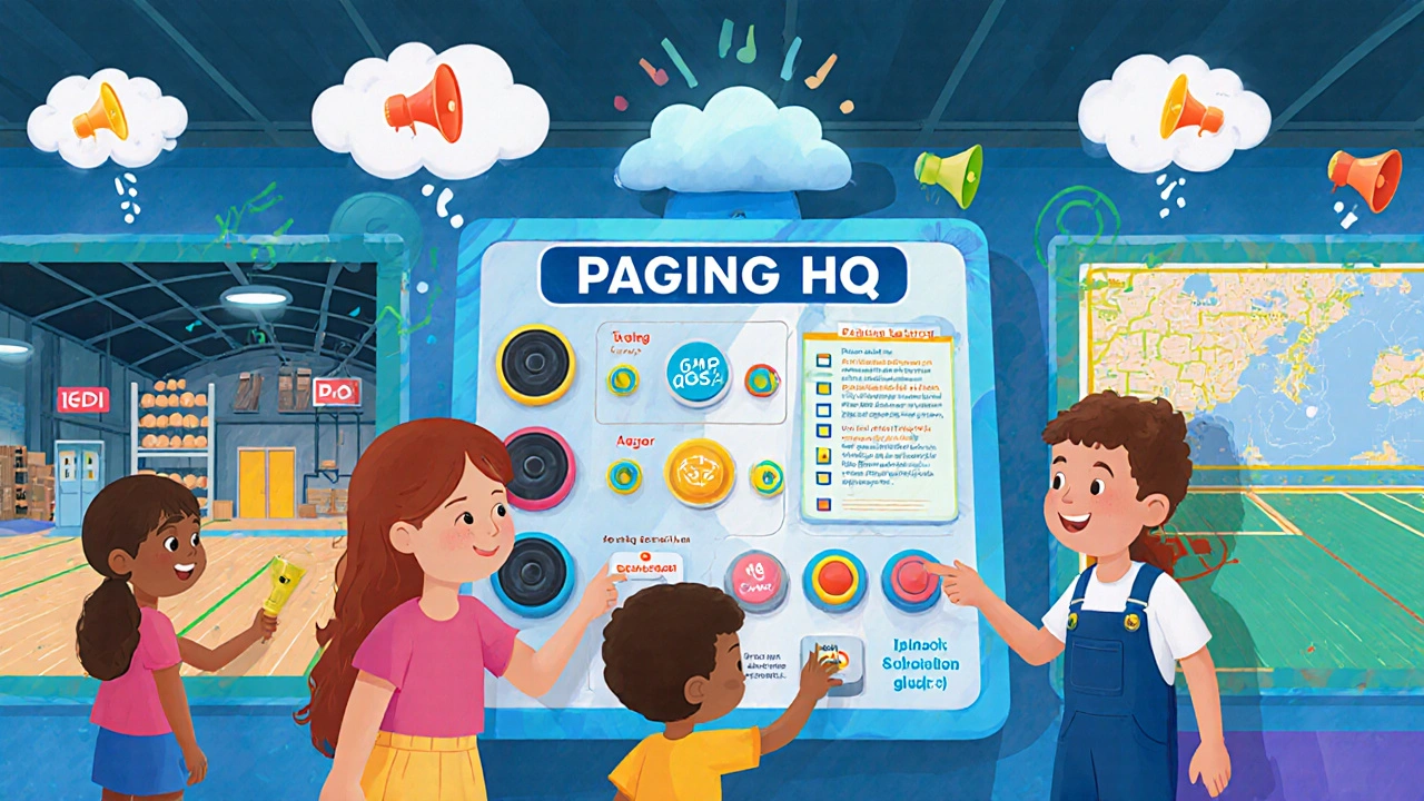 Kids pressing buttons on a paging control panel that sends sound to buildings on a map.