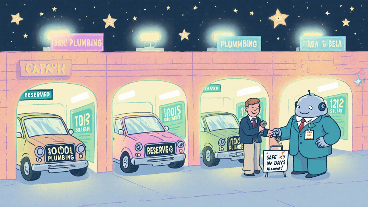 Phone numbers parked safely in a glowing garage with friendly and grumpy robot attendants.